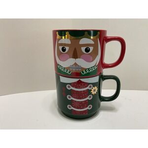 Peppermint & Pine Nutcracker Stacking Mug‎ Set Red Green Christmas Ceramic 2pc